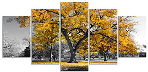 decomonkey - Impression sur Toile Arbre 200x100 5 Pièces - Tableau Décoration Appartement Cadre en Bois Déco Salon Peinture sur Toile Maison Des arbres photographie automne paysage feuilles nature