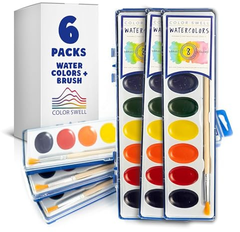 Color Swell Bulk Watercolours, 6 Pack, 8 Colors, Wood Brushes | Washable, Great for Kids, Parties, Students, Classrooms
