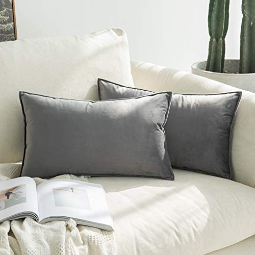 MIULEE 2er Set Samt Kissenbezug Flansch Kissenhülle Dekorative Sofakissen Dekokissen Umwickelte Kante Kissenbezüge Zierkissenbezug für Sofa Wohnzimmer Schlafzimmer 30x50 cm Dunkelgrau