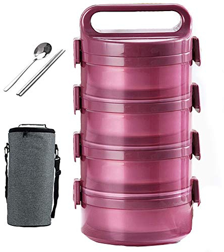 Q&Z Termo Para Comida Aislada Contenedor De Almuerzo De Acero Inoxidable 3/4 Capas Caja De Almuerzo De Bento Con Cuchara Y Bolsa Para BebéS Comida Sopa Bebida,Rosado,4layers