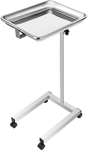 VEVOR Mayo Tray Stainless Steel Mayo Stand 18x14 Inch Trolley Mayo Tray Stand Adjustable Height 32-51 Inch Removable Tray & 4 Omnidirectional Wheels for Home Equipment Personal Care Max Load 20kg