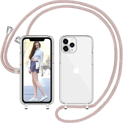 Nupcknn Handykette für iPhone 11 Pro Hülle mit Band,Dünn Transparent Handyhülle (Abnehmbar) Necklace mit Kordel zum Umhängen Kameraschutz Handy Kette Stossfest Schutzhülle(Rosegold 1)