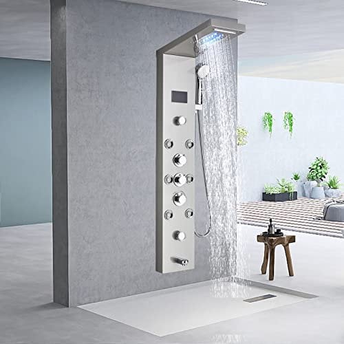 TTICCTIY LED Shower Panel Column Tower Brushed Nickel Stainless Steel with Temperature and Time Display 5 Functions Shower Tower System