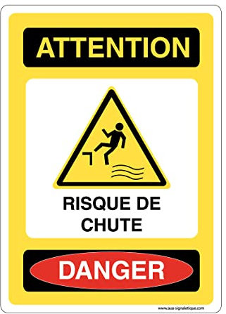AUA SIGNALETIQUE - Panneau Signalisation avec Coins arrondis - Attention Risque de Chute - 150x210 mm, Vinyl adhésif