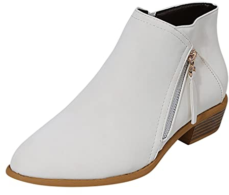 Stivaletti Donna Moda Antiscivolo Tinta Unita Tacchi Alti Cerniera Punta Tonda Stivaletti Corti Scarpe (39,Bianco-2)