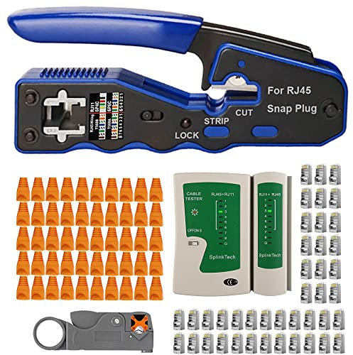 MAYLINE Crimper CAT5/CAT6 Cable Network Repair Kit, RJ45 Crimp Ethernet Stripping Cutter Set, Professional Wire Crimping Tester Tools, 50 Pass Through Connectors(Blue)