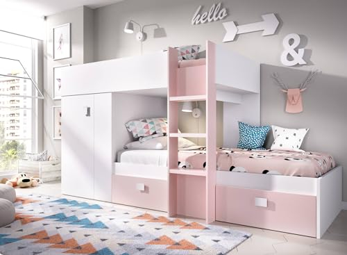 Composizione Camera da Letto Cevedale, Cameretta Completa, Composizione Letto a Castello con Due lettini Singoli, 271x111h150 cm, Bianco e Rosa