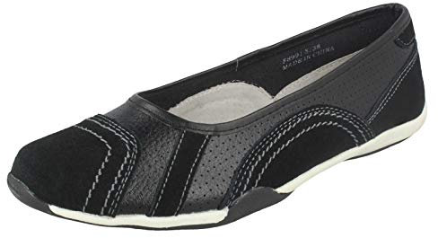 Ladies Down to Earth Flat Ballerina Shoes - Black/White Leather - UK Size 6 - EU Size 39 - US Size 8