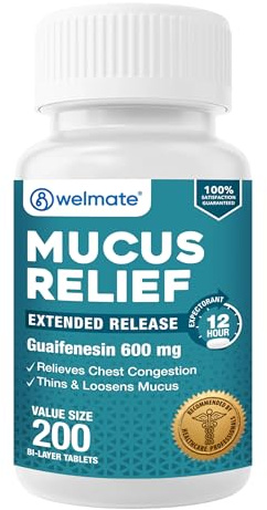 WELMATE - Soulagement du mucus - Guaifenesin 600 mg - Soutien pendant 12 heures - Soulagement temporaire de la toux, de la congestion nasale et thoracique, des infections, du rhume et des allergies