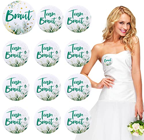 FLOFIA 12Pcs Braut Button JGA Buttons Eukalyptus Team Bride Button Braut Junggesellenabschied Accessoires Buttons Party Buttons Grün Hochzeit Anstecker Brautaccessoires Hochzeitsparty Zubehör