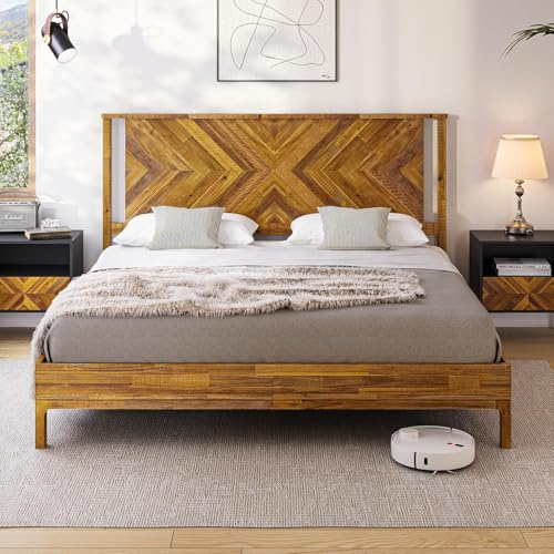 Bme Vivian Deluxe-Bettgestell mit Kopfteil, rustikaler & skandinavischer Stil mit massivem Akazienholz, kein Boxspringbett erforderlich, 12 starke Holzlattenstütze, einfache Montage, Kingsize,