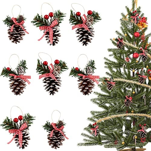 Adornos de Conos de Pino de Navidad, FainFun 8 Piezas 6 * 5CM Conos de Pino Decoracion Pequeños con Cuerda para Árbol de Navidad, Conos de Pino Secos Naturales Decorativos para Árbol de Navidad