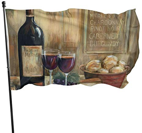 Gartenflagge Vintage Rotweinflasche Glas Käse Hof Haus Außendekoration Flaggen Banner für Terrasse Rasen 3x5 Ft