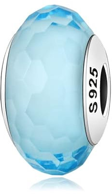 Charm Murrina Cristal Murano Celeste de plata 925 - Les Folies para Pandora, Plata de ley Vidrio templado, Circonita cúbica
