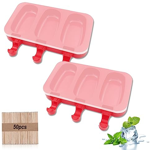 Lot de 2 moules à glace en silicone, 3 cavités, moules à glace, sans BPA, moule à popsicle avec 50 bâtonnets et couvercle en silicone pour dessert DIY (rouge)