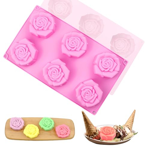 XCSJ Rose Form Seifen Silikonform 6 Hohlräume Schokolade Silikonform in Lebensmittelqualität Silikonform Form Blume Silikon Form Antihaft für Seifen, Kuchen, Schokolade, Süßigkeiten, Kekse