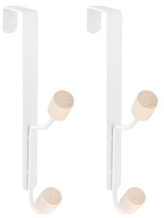 DEARBAG Crochets de Porte, 2 Pièces Porte Manteau pour Porte Sans Percage, Robuste Crochet Porte Manteau, Crochets Serviette Crochet à Vêtements avec 2 Crochets en Bois, Blanc