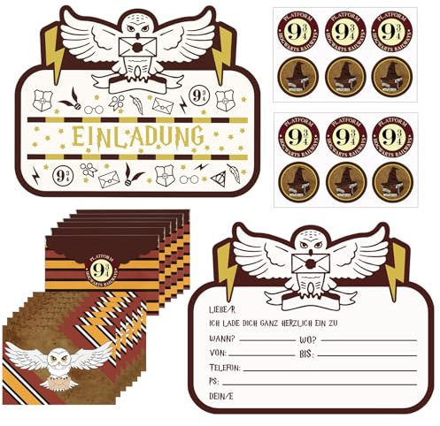 Einladungskarten Kindergeburtstag,12 Deutsche Einladungskarten+12 Umschlag+12 Aufkleber,Magischen Filmnächten Zauberer Einladungskarten Geburtstag,Einladungskarten für Junge/Mädchen,Themenparty