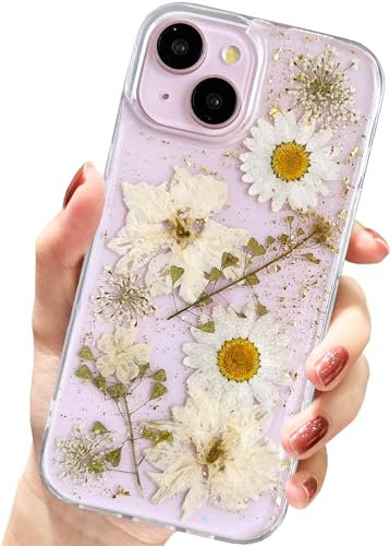 AMART for iPhone 15 Plus/iPhone 14 Plus Case Flowers, Clear with Pressed Dried Flower Cute Glitter Design Women Girls Floral Aesthetic Soft TPU Phone Cover for iPhone 15/14 Plus(Gold Flower)