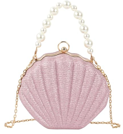 MilyaDE Damen Glitzer Muschel Clutch Acrylic Paillette Geldbörse Schultertasche Umhängetaschen Handtasche mit Perlen Metal Ketten 19,5 * 6 * 16,5cm, Rosa