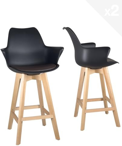 KAYELLES Lot de 2 Chaises de Bar scandinaves, siège avec Coussin Simili Cuir et accoudoirs intégrés, Hauteur d'assise 66 cm, Pieds Bois de hêtre Naturel MOTA (Noir Marron)