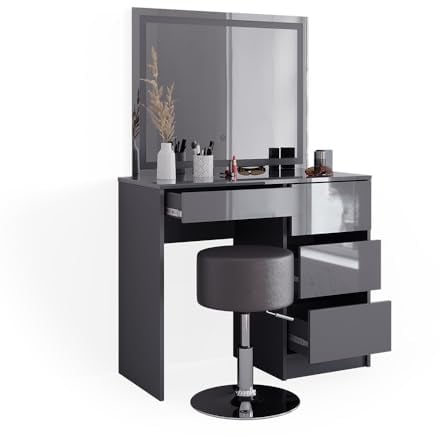 Vicco Schminktisch Sherry, Anthrazit Hochglanz, 90 cm mit LED Spiegel und Hocker