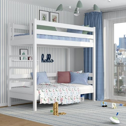 N-Wood N03 Etagenbett 100x200 cm, Hochbett Holz mit Leiter, 2 Leitermontageseiten: Links oder rechts, sichere abgerundete Kanten, Stabile Massivholzkonstruktion, Hochwertige Materialien, Weiß