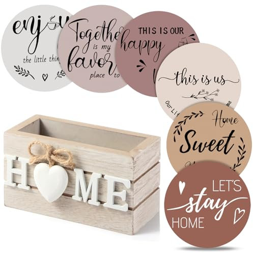Queekay Housewarming Gifts for Home Decoration Wooden Heart Coasters for Drinks 6 Set Farmhouse Coasters with Holder Funny for Family Coffee Table Protection, 4''(Light Brown,Home)