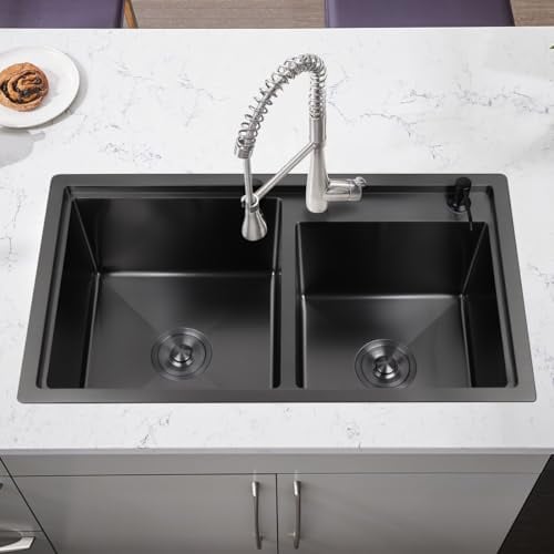 Snowtaros Fregadero Cocina 2 Senos 80x45cm, Fregadero de Cocina Negro de Acero Inoxidable, Fregadero Bajo/Encimera/Enrasado con Juego Desagüe (80 x 45 x 22cm)
