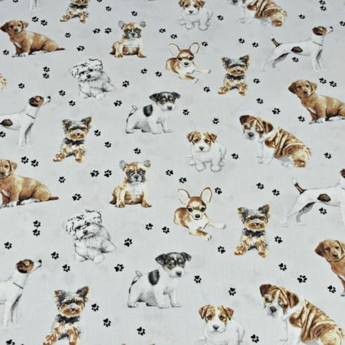 Textrend Baumwollstoff Meterware - Stoff zum Nähen - 100% Baumwolle - Textilien 1x1.6m - Stoffe Meterware - Katzen und Hunde Muster (Beige und weiße Hunde auf hellgrauem Hintergrund)