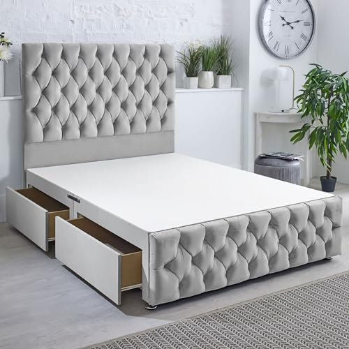 ComfoRest - Elegant 4FT Small Double Bed with 2 Drawers | Sturdy Base for Modern Bedrooms | Practical Frame with Stylish Design (Silver Plush)