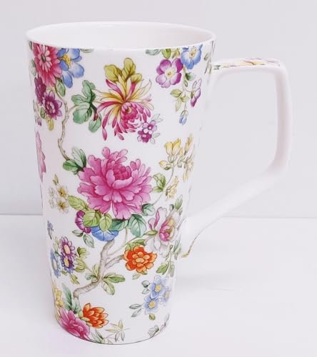 Rainbow Decors Oriental Garden Mug Fine Bone China Large Latte Vintage Floral Flowers 500 ml 17 fl oz Hand Decorated in UK