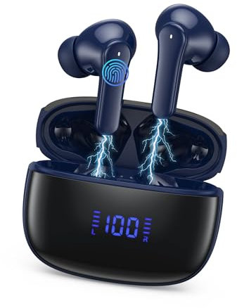 Cuffie Bluetooth, Auricolari Bluetooth 5.3 Cuffie Wireless In Ear con 4 ENC Mics Stereo HiFi, Cuffie Senza Fili Cancellazione Rumore Cuffiette Bluetooth IP7 Impermeabili Earbuds LED Display-Blu
