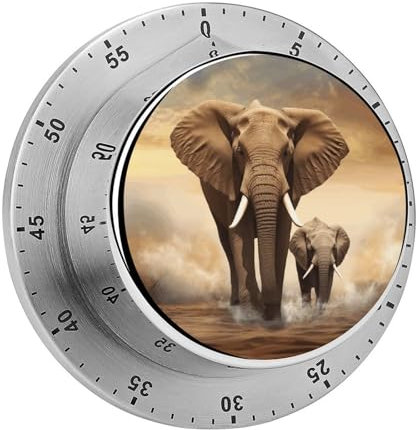 Timer, Elefanten-Druck, visueller Timer, mechanischer Küchentimer, Edelstahl, Countdown-Timer, 60-Minuten-Aufzieh-Timer