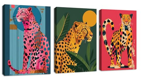 3 Pcs Leinwandbilder Bilder mit Rahmen Rosa and Orange Leopard bild auf leinwand Buntes Tiere Wandkunst Wandbilder Kunstdruck Deko für Wohnzimmer Schlafzimmer fertig zum Aufhängen 90x40cm(30x40x3)