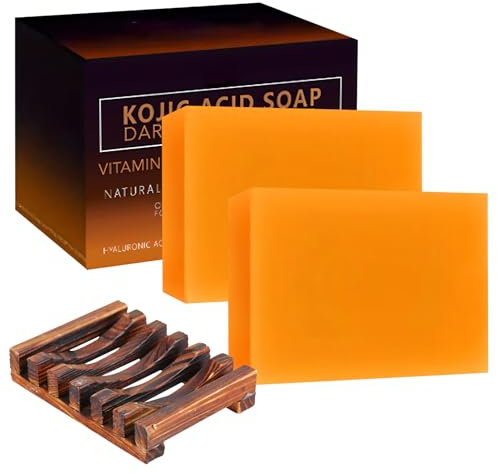 Kojisäure-Seife für Gesicht und Körper, Vitamin C Seifenstück Hyperpigmentierung, feuchtigkeitsspendende Kurkuma-Seife gegen Akne, schwarze Flecken, Mitesser mit Netz-Seifenbeutel (2 Stück + Regal)