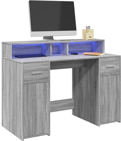 vidaXL Desk with LED Lights Grey Sonoma 120x55x91 cm Engineered Wood