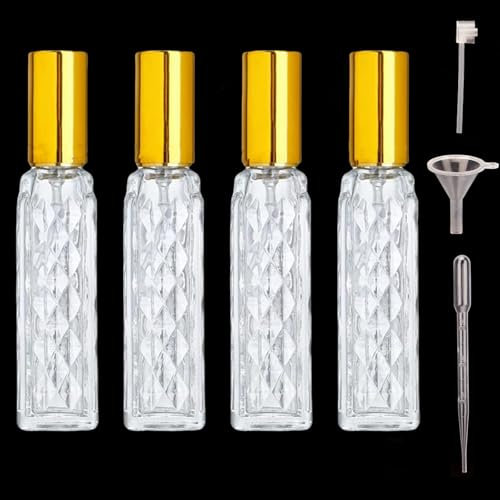 4PCS 10ml Mini Empty Glass Perfume Atomiser, Portable Clear Empty Glass Perfume Spray Bottles, Refillable Spray Perfume Bottles Fine Mist Cosmetic Container for Travel and Daily Use