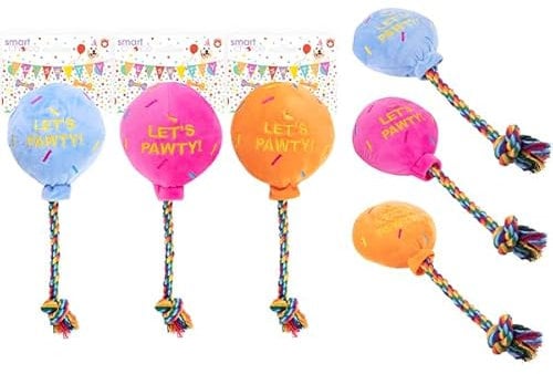 3BU3 Birthday Balloon Plush & Rope Dog Toy with Squeaker – Soft & Durable Dog Toy for Fun & Celebration – Assorted Blue or Pink Colors for Dogs