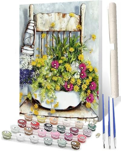 Romantic Fairy Paint by Number for AdultsDIY Oil Painting Kits Wooden Bench in Flower Pot onCanvas with Brushes and Acrylic Pigment for Home Decor 16x20 inch (Frameless)