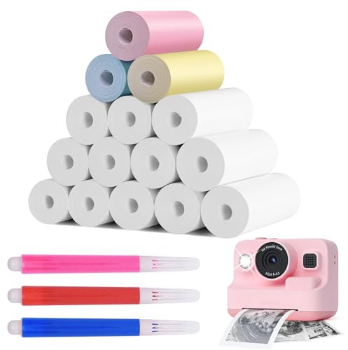 Furuising 15 Rolls Thermal Printer Paper for Kids Instant Print Camera, 12 White and 3 Colourful Kids Camera Paper Roll, 57 X 25mm Mini Printer Paper with 3 Colour Pens for Kids Instant Digital Camera