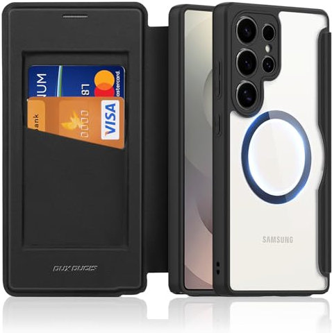 DUX DUCIS Hülle für Samsung Galaxy S25 Ultra Kompatibel mit MagSafe, Anti-Kratzer Leder Flip Case Klapphülle [RFID Blocker][Kartenfächer] Stoßfeste Handyhülle für S25 Ultra (Schwarz)