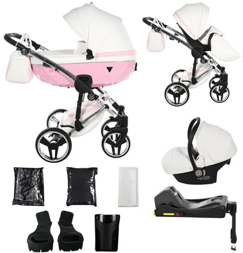 Junama Kinderwagen Candy White 2in1 3in1 4in1 (01 - Weiß und Rosa, 4in1 mit ISOFIX Basis)