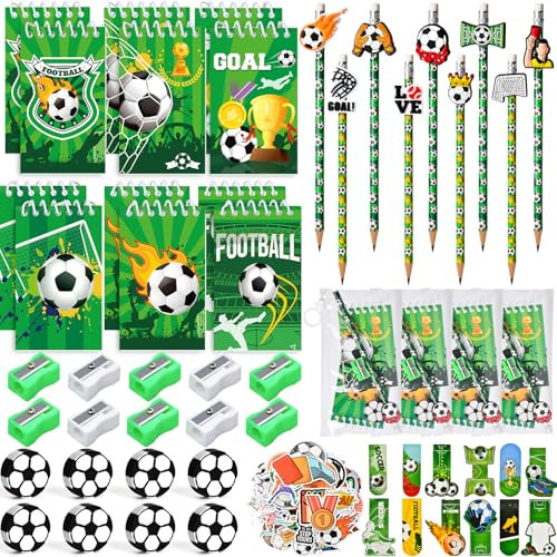 Fußball Mitgebsel Kindergeburtstag Gastgeschenke Junge Bleistifte mit Clip Notizbücher Radiergummis Anspitzer Lesezeichen Aufkleber Zip Beutel Fussball Schreibwaren Set Kinder Schultüte Füllung