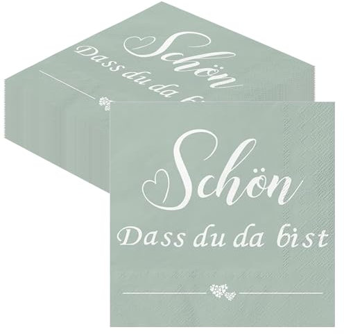 Servietten Schön Dass du da bist Grün mit Herz, 80Stück Salbeigrün Papierserviette für Kommunion Taufe Konfirmation Hochzeit Geburtstag Erstkommunion, Eukalyptus Servietten für Party Tischdeko