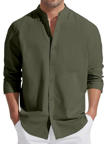 Friptspyg Hommes Chemise en Lin Coton à Col Arrondi - Casual Manches Longues avec Poche, Regular Fit pour L'été, Vert Olive L