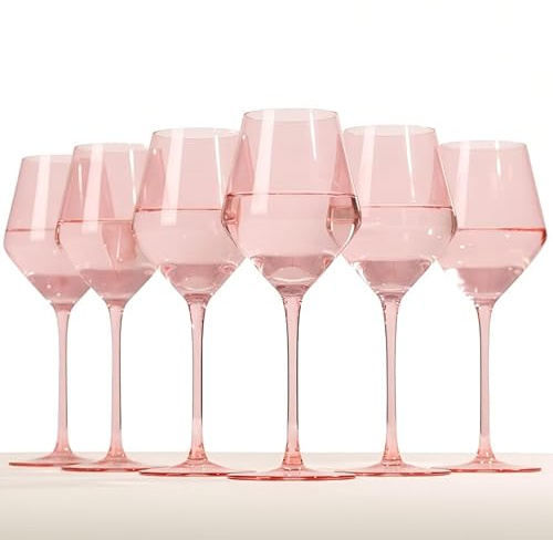 Colorsavant Elegant Pink Wine Glasses Set of 6 – Hand Blown Tulip Shape Long Stem Glassware – 15oz Pink Wine Glasses for Women, Wedding, Party, Bridesmaid Gift, Fancy Champagne or Rosé Goblets