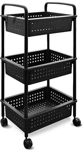 ABBAware 3 Basket Trolley Cart, Rolling Storage Multi-Functional Cart with Reinforced Castors, Home Organizing, Black