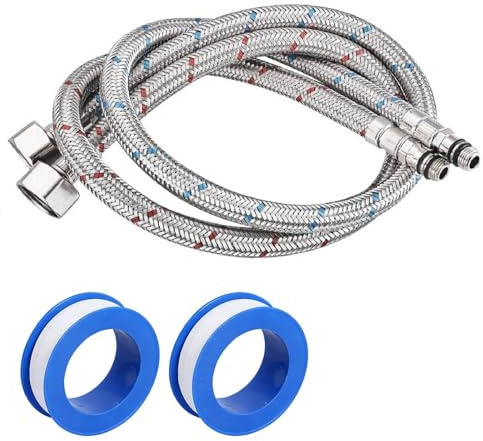Tuyaux de raccordement flexibles 3/8 lot de 2, 80 cm en acier inoxydable, résistants haute pression et températures, avec ruban d’étanchéité, pour salle de bain, cuisine, jardin
