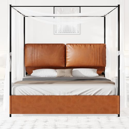 dnrnaw Metal Canopy Bett 140x200 160x200 180x200 cm • Himmelbett mit Abnehmbarer Baldachin • Inkl. 2 Lederkissen & 4-teiligem Kopfteil • Stabiler Metallrahmen • Ohne Boxspring notwendig (180 * 200cm)